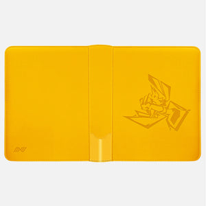 Yellow Pokemon toploader binder laid flat showing full leather cover with embossed Pikachu design