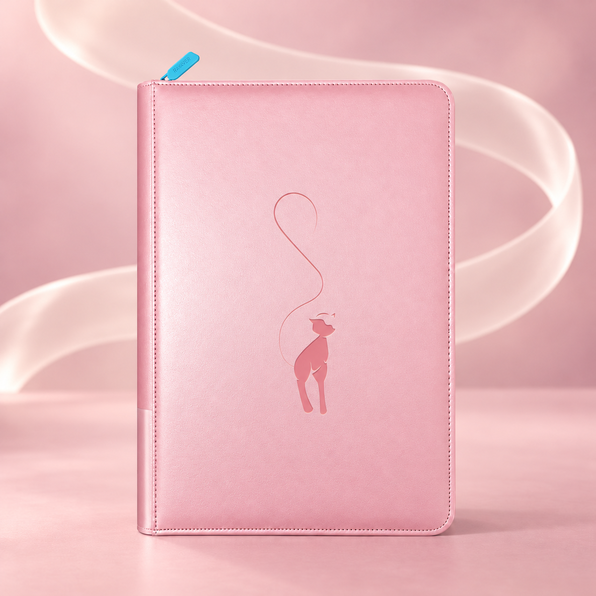 Pink Mew card binder with a rose Mew silhouette and sky-blue zipper pull on a pink ribbon backdrop