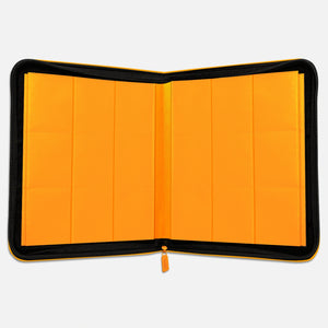 Interior view of an orange Pokemon card binder with empty 9-pocket side-loading pages and 360-card capacity