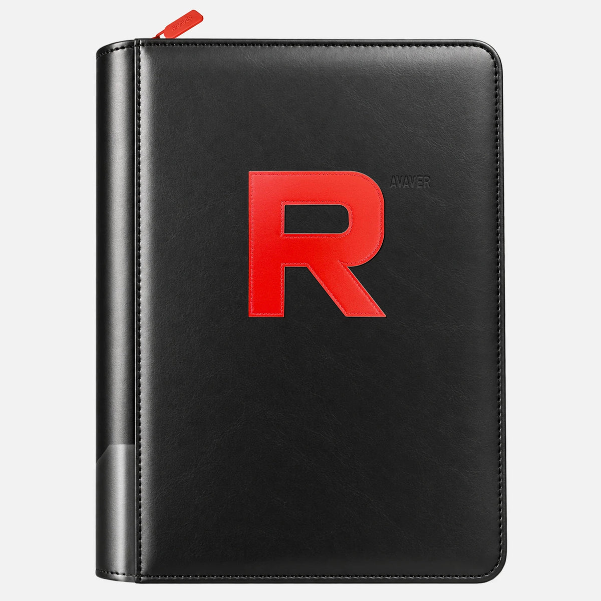 Black leather card binder with a red R logo and full-zip closure