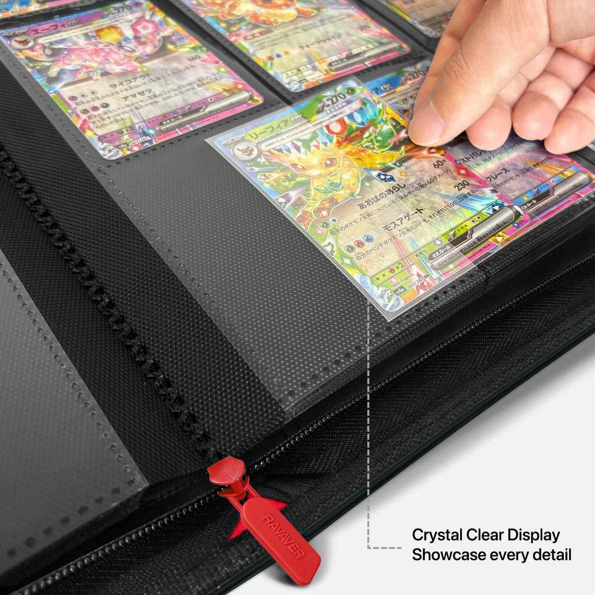 Close-up of a trading card sliding into a crystal-clear side-loading pocket