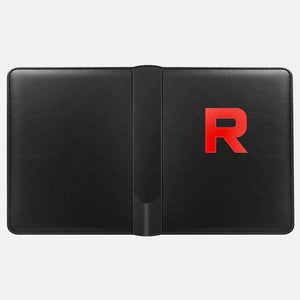 Black card binder laid flat to show the front and back covers