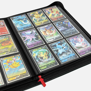 Open 9-pocket card binder filled with Pokemon trading cards