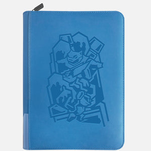 Blue leather Pokemon card binder with embossed Blastoise evolution line and zippered closure