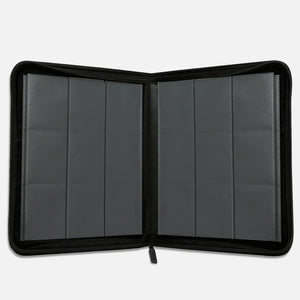 Interior view of zippered Pokemon card binder with empty 9-pocket pages and 360-card capacity