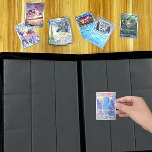 Collector placing holographic Pokemon card into 9-pocket binder beside scattered trading cards