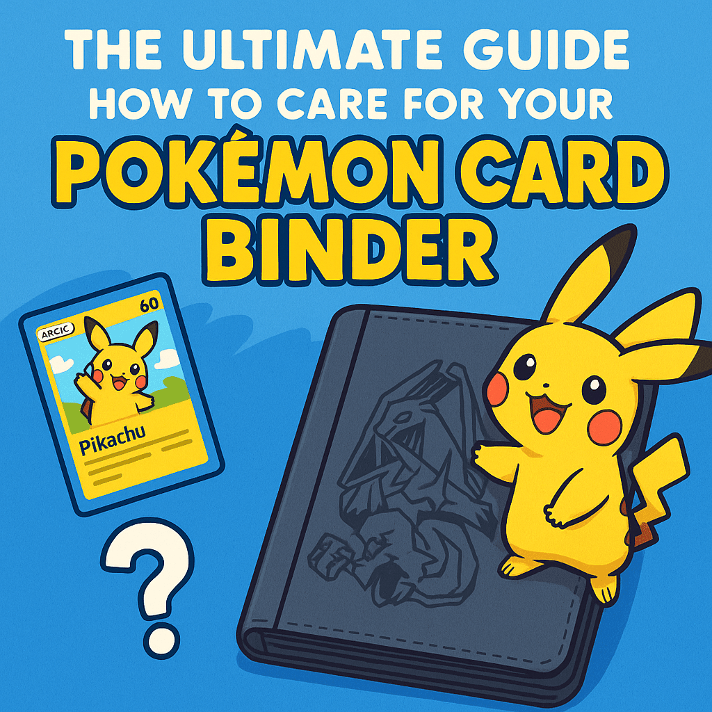 Pokemon card binder with embossed Charizard cover displayed beside Pikachu and a Pokemon trading card