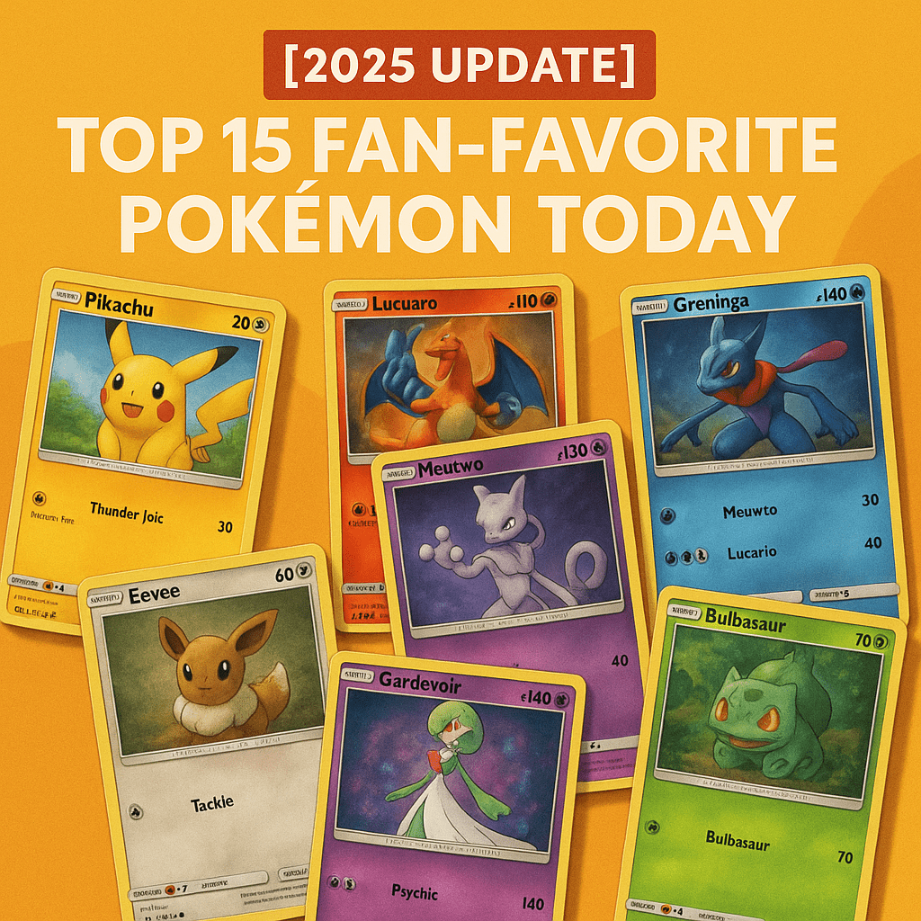 Collection of fan-favorite Pokemon trading cards featuring Pikachu Charizard Mewtwo and Eevee
