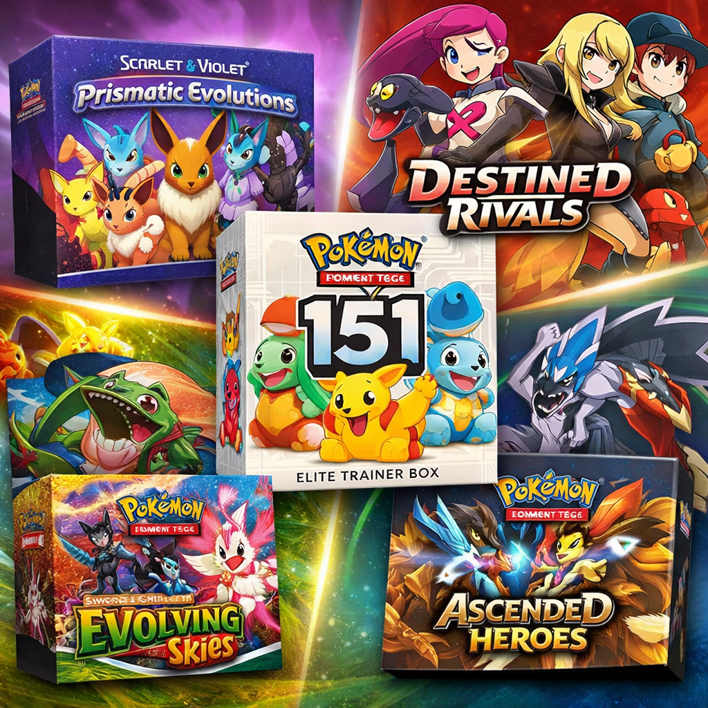 Pokemon TCG booster boxes including Scarlet Violet Prismatic Evolutions and 151 Elite Trainer Box