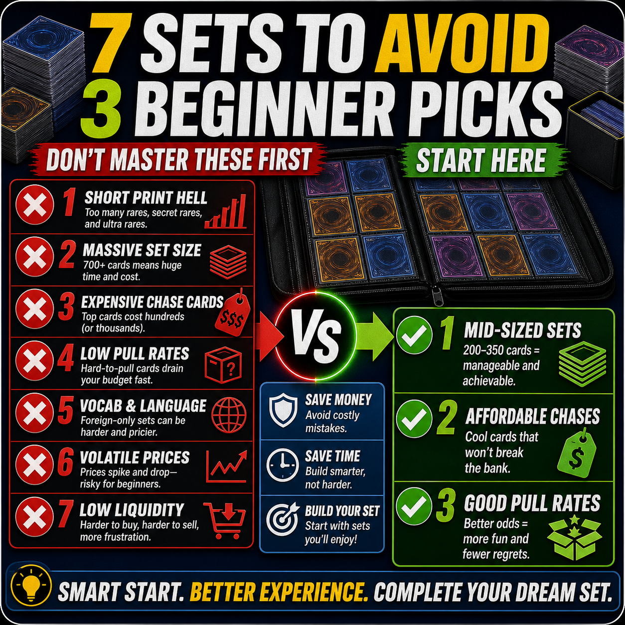 Beginner master set thumbnail showing seven Pokemon sets to avoid and three safer starter picks