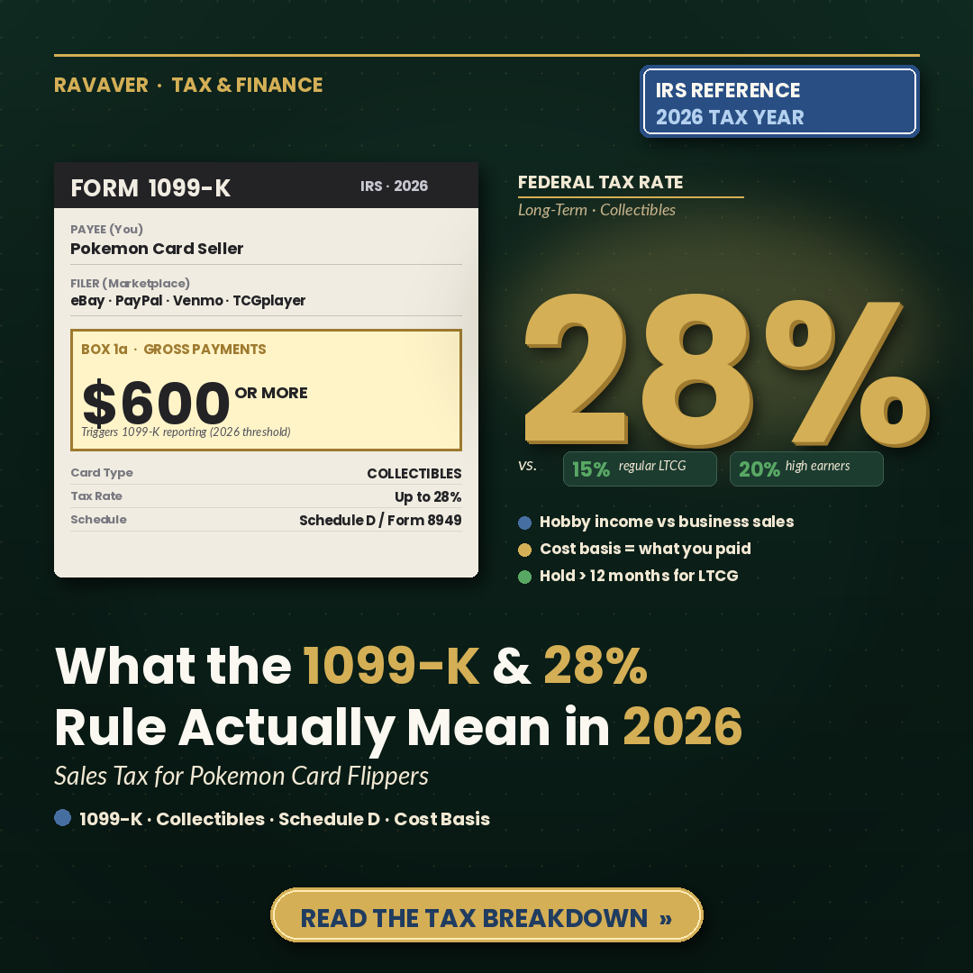 Pokemon Card Sales Tax in 2026: What the IRS 1099-K Threshold and 28% Collectibles Rate Actually Mean