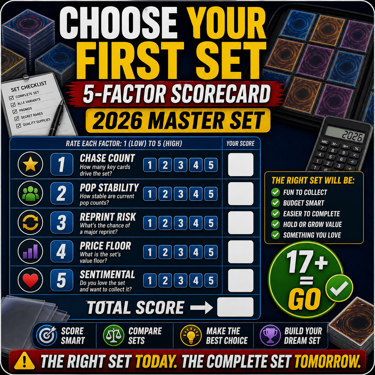 Five factor scorecard thumbnail for choosing the first Pokemon TCG set to master in 2026
