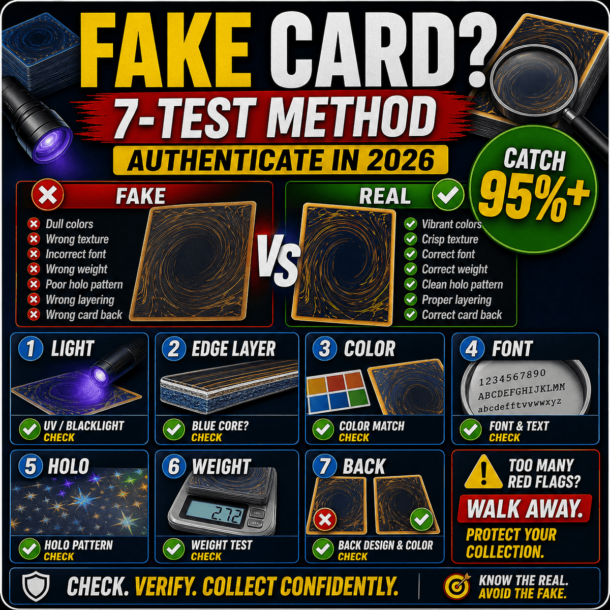 Counterfeit Pokemon cards seven test authentication method thumbnail with light edge color font holo weight and back checks