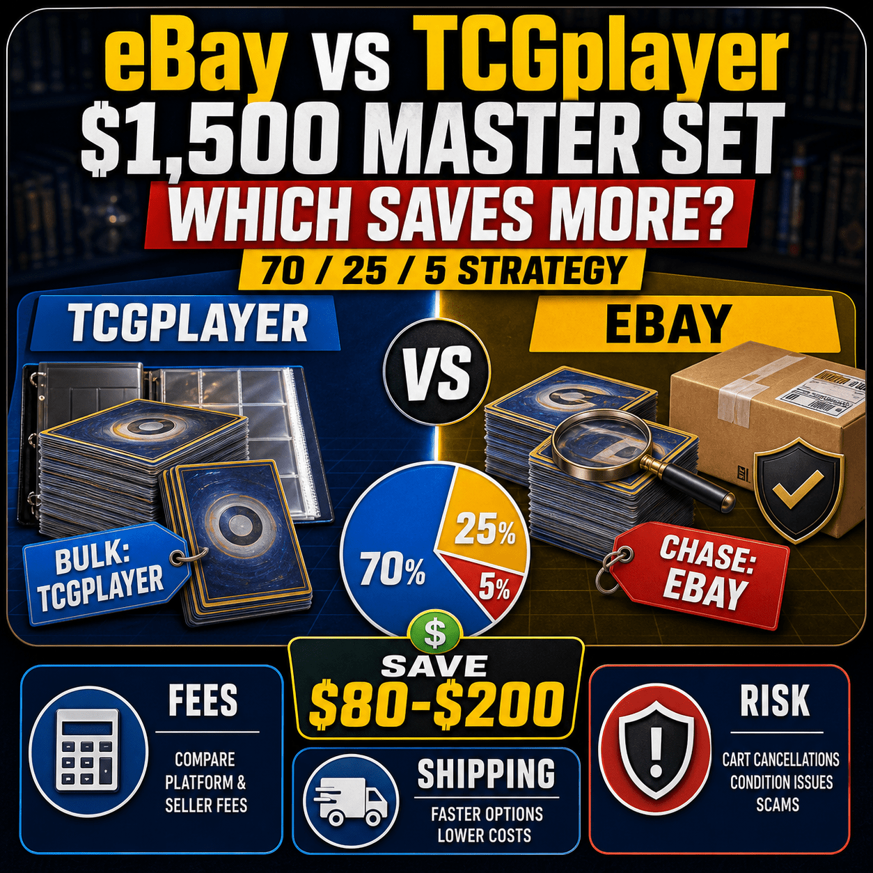 eBay versus TCGplayer Pokemon singles master set 2026 comparison thumbnail with 70 25 5 strategy and savings