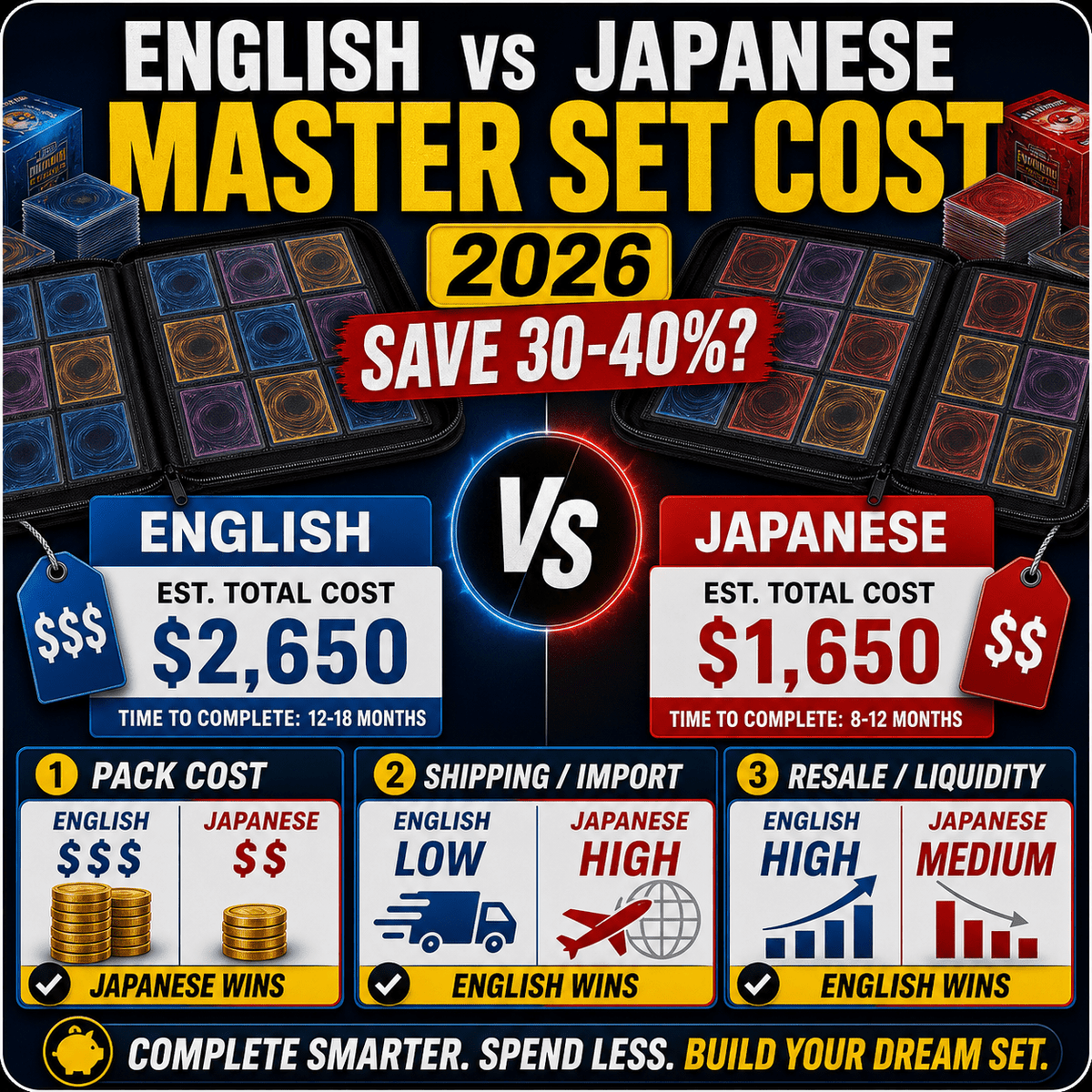 English versus Japanese Pokemon master set cost comparison thumbnail with savings shipping and resale factors