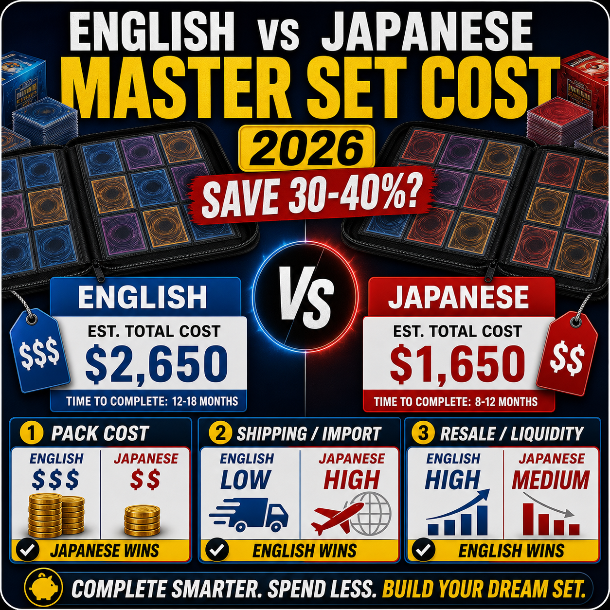 English versus Japanese Pokemon master set cost comparison thumbnail with savings shipping and resale factors