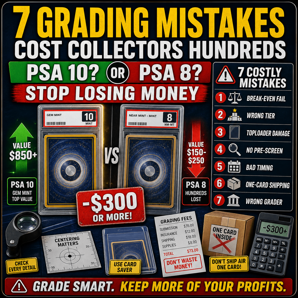 Pokemon card grading mistakes thumbnail showing PSA 10 versus PSA 8 warning and seven costly errors