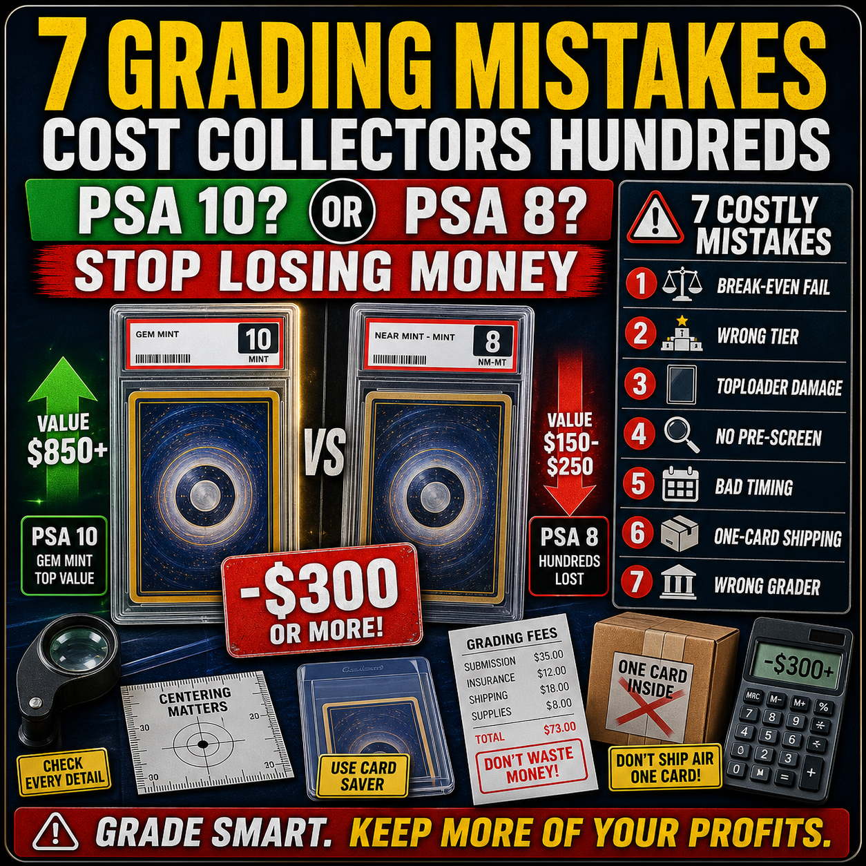 Pokemon card grading mistakes thumbnail showing PSA 10 versus PSA 8 warning and seven costly errors