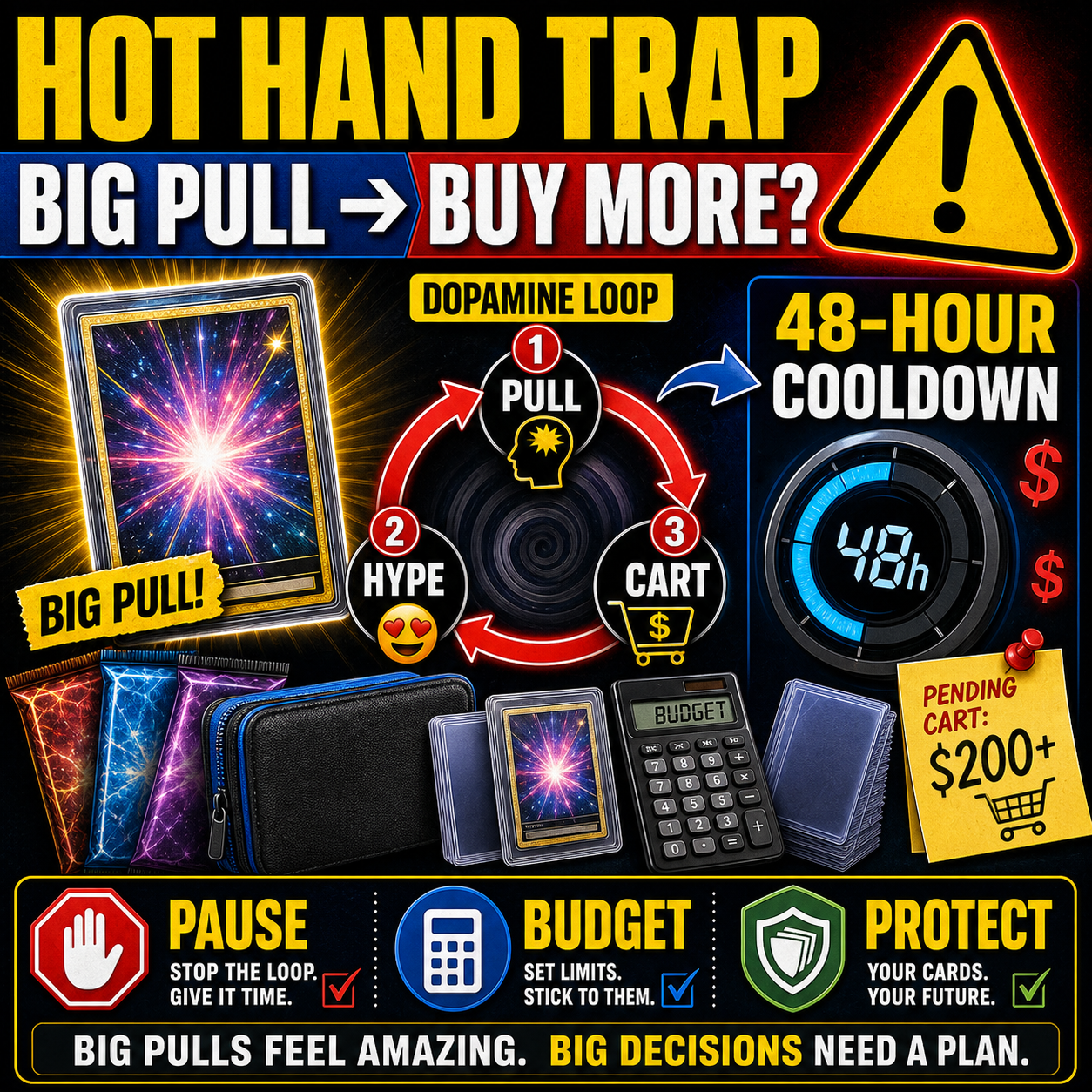 Hot Hand trap infographic showing big pull spending loop and 48-hour cooldown