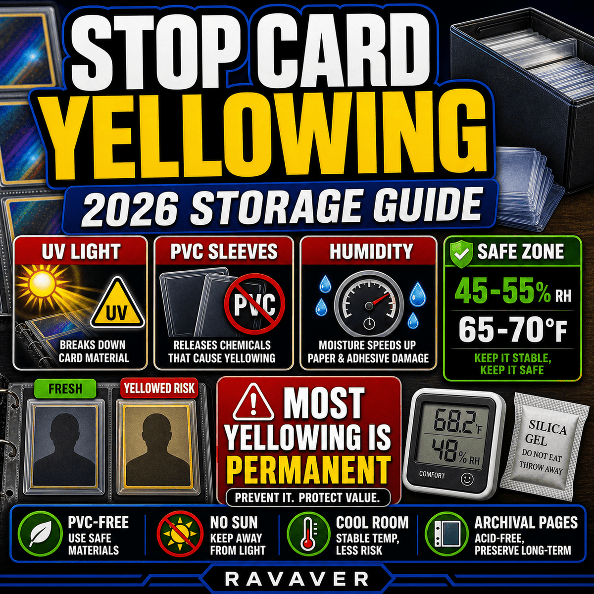Pokemon card yellowing prevention guide showing UV PVC humidity and safe storage ranges
