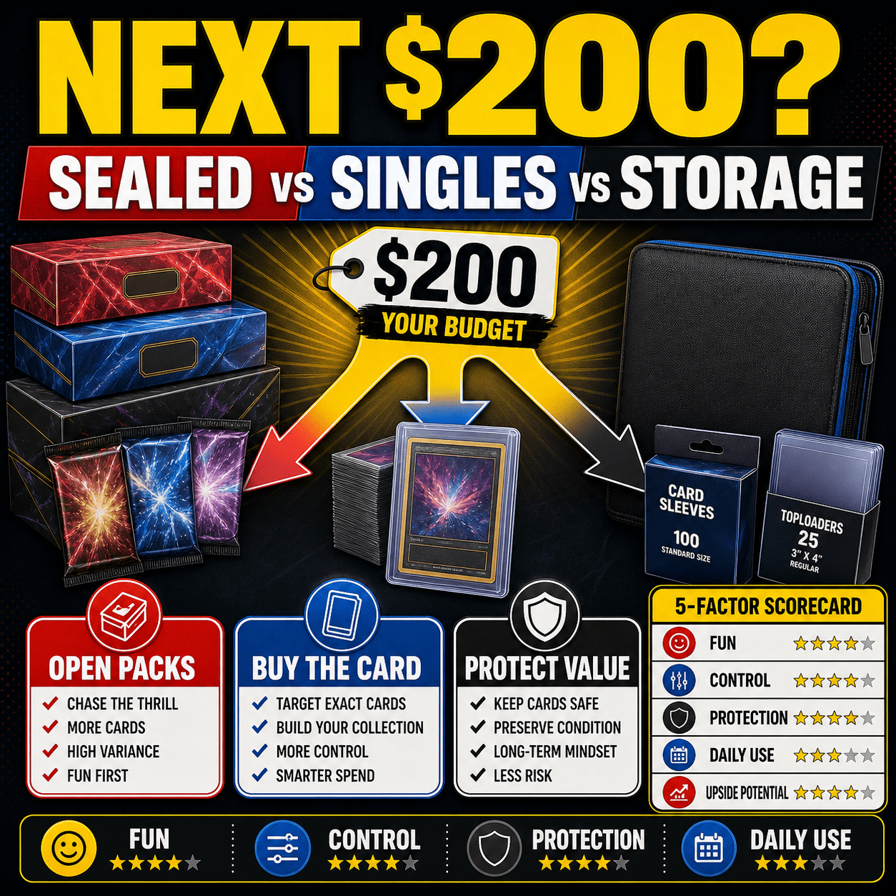 $200 Pokemon TCG budget scorecard comparing sealed product, singles, and storage upgrades