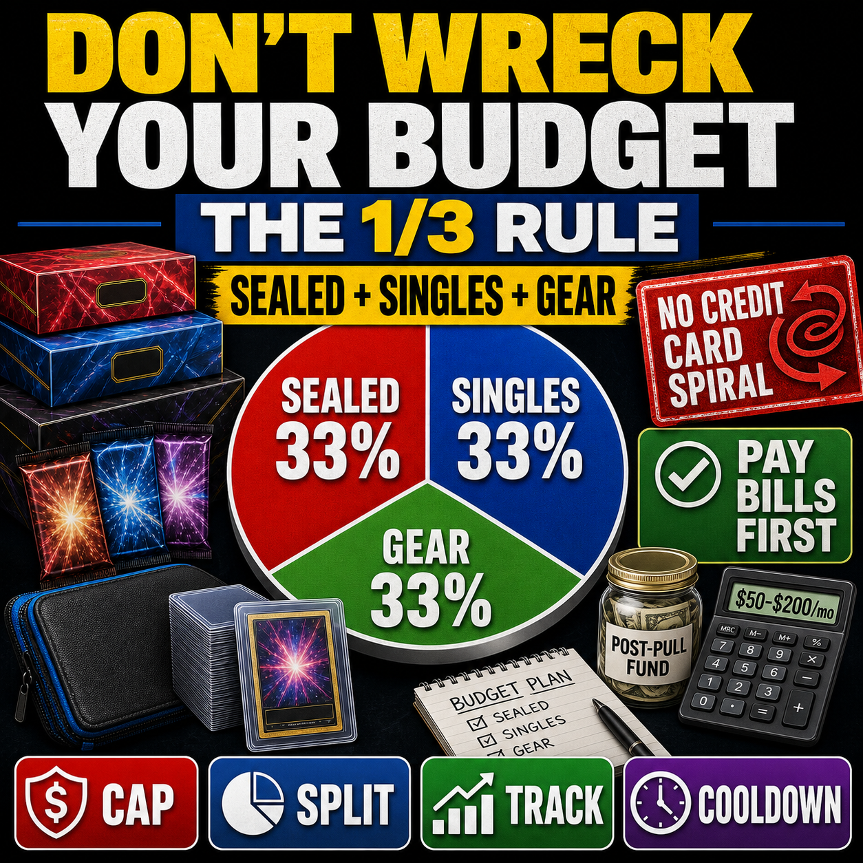 1/3 rule budget infographic for Pokemon TCG collecting with sealed singles and gear buckets
