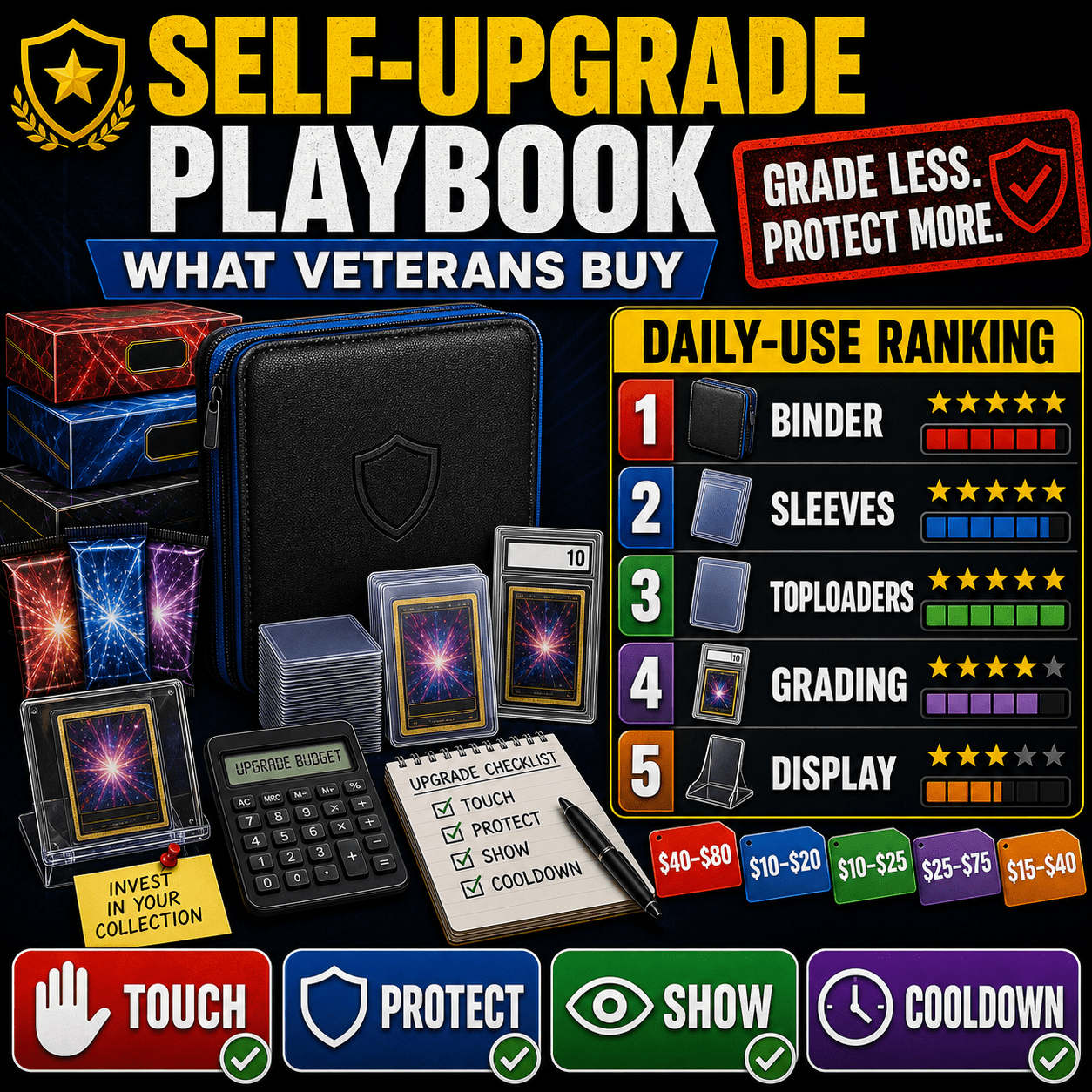 Self-upgrade playbook infographic ranking binder sleeves toploaders grading and display for collectors