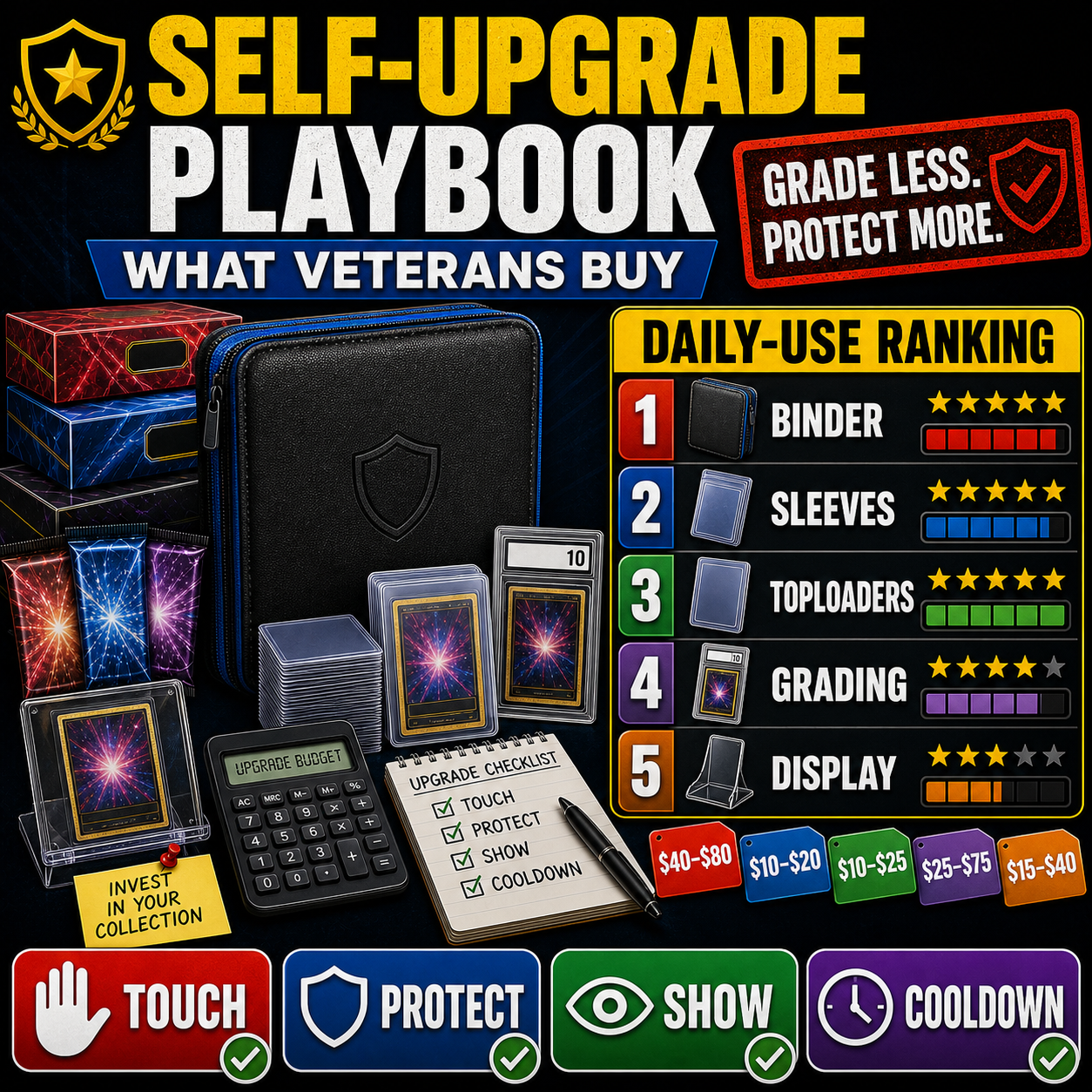 Self-upgrade playbook infographic ranking binder sleeves toploaders grading and display for collectors