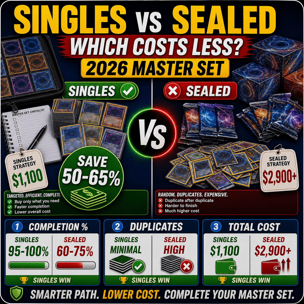 Singles versus sealed boxes master set cost comparison thumbnail with savings completion and duplicate cards
