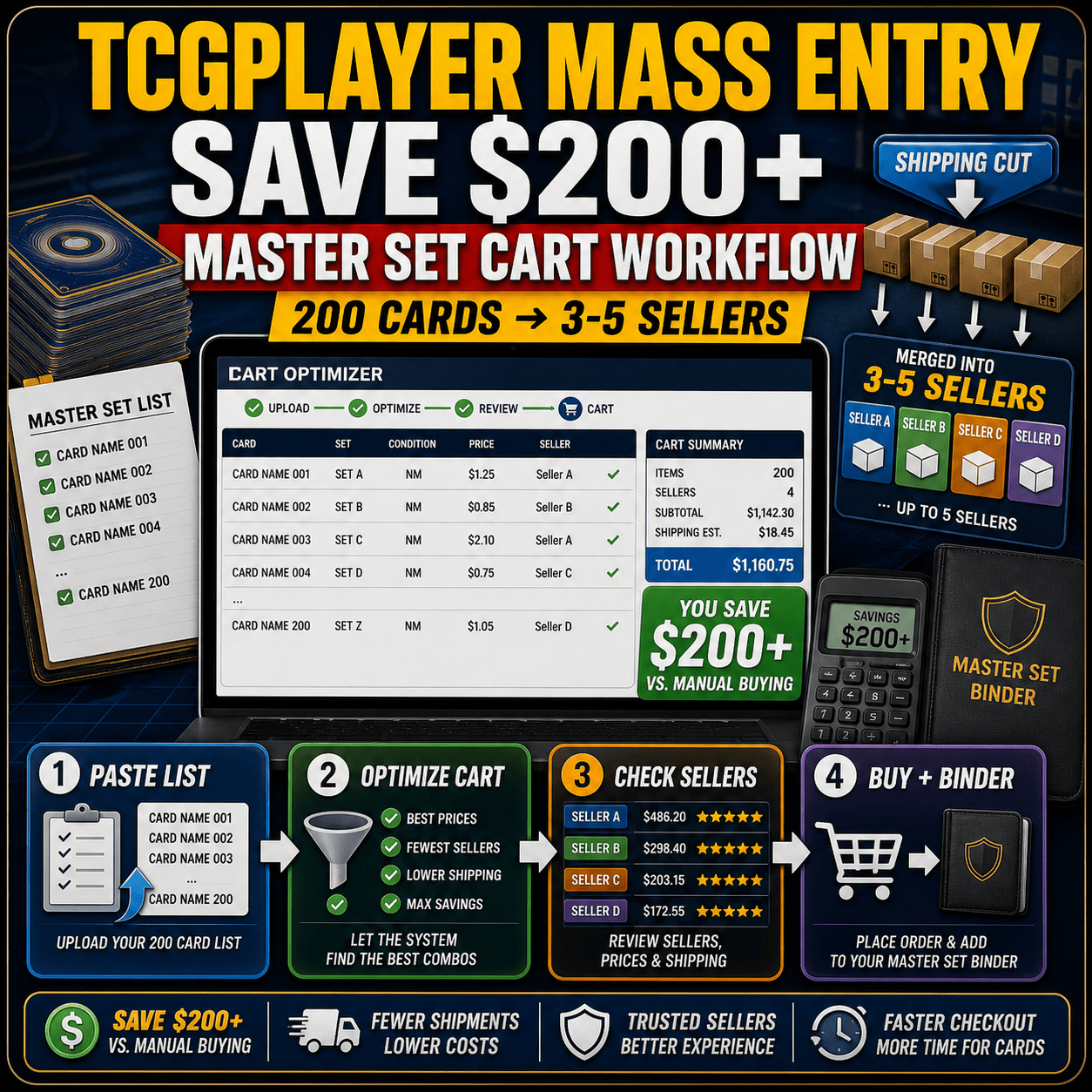 TCGplayer Mass Entry master set cart workflow thumbnail showing 200 cards to 3 to 5 sellers and savings
