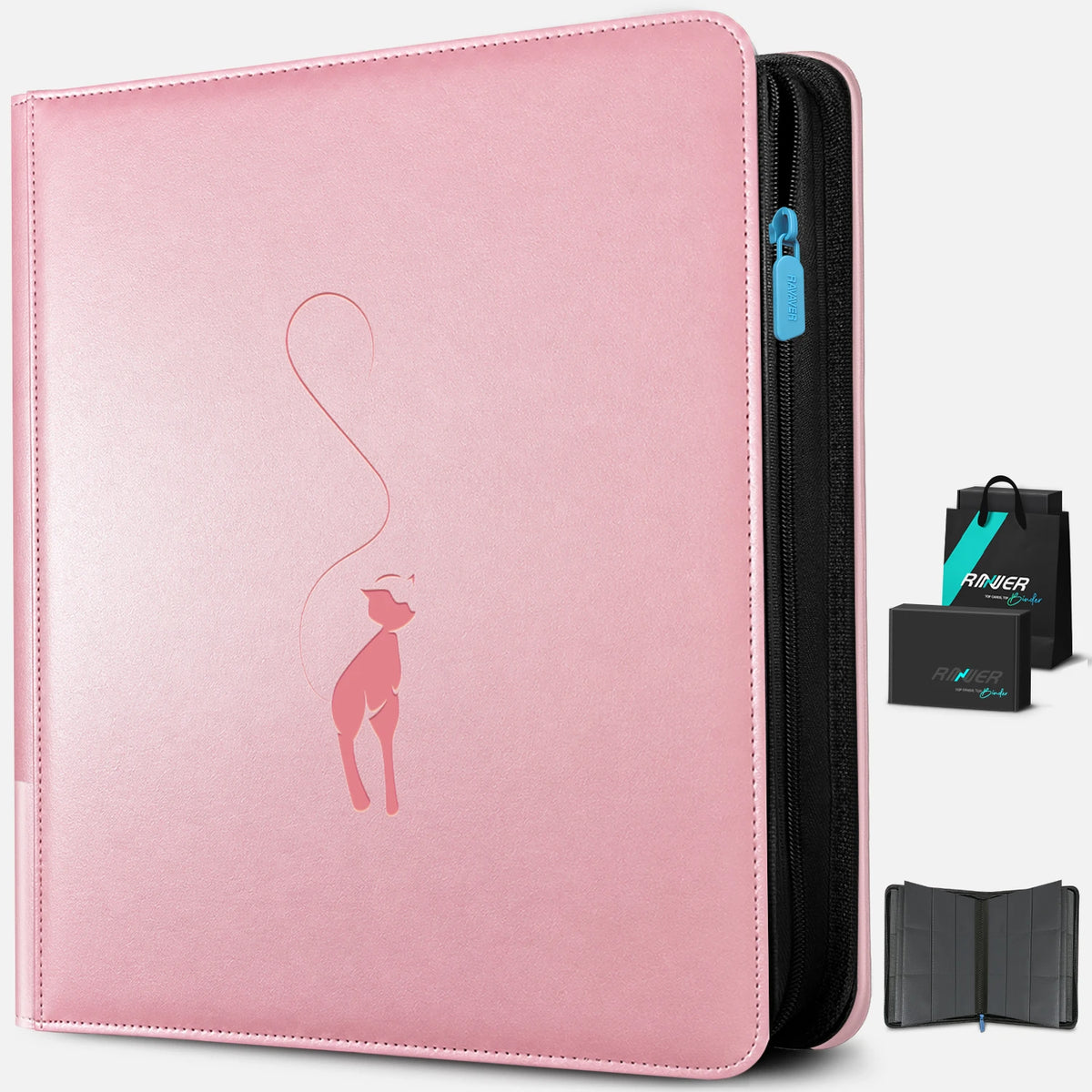 Angled view of a pink Mew toploader binder with a black gift box, gift bag, and interior preview
