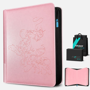 Angled view of a pink Eevee Family card binder with a black gift box, gift bag, and interior preview