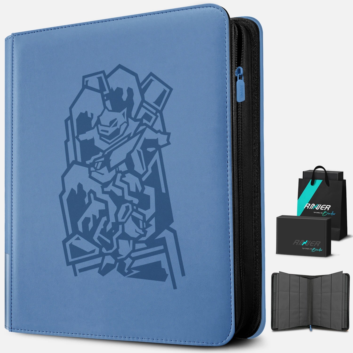 Angled view of a blue Pokemon toploader binder with embossed Blastoise and a premium black gift box