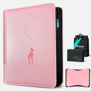 Pink Mew card binder with a rose Mew silhouette, black gift box, gift bag, and interior preview