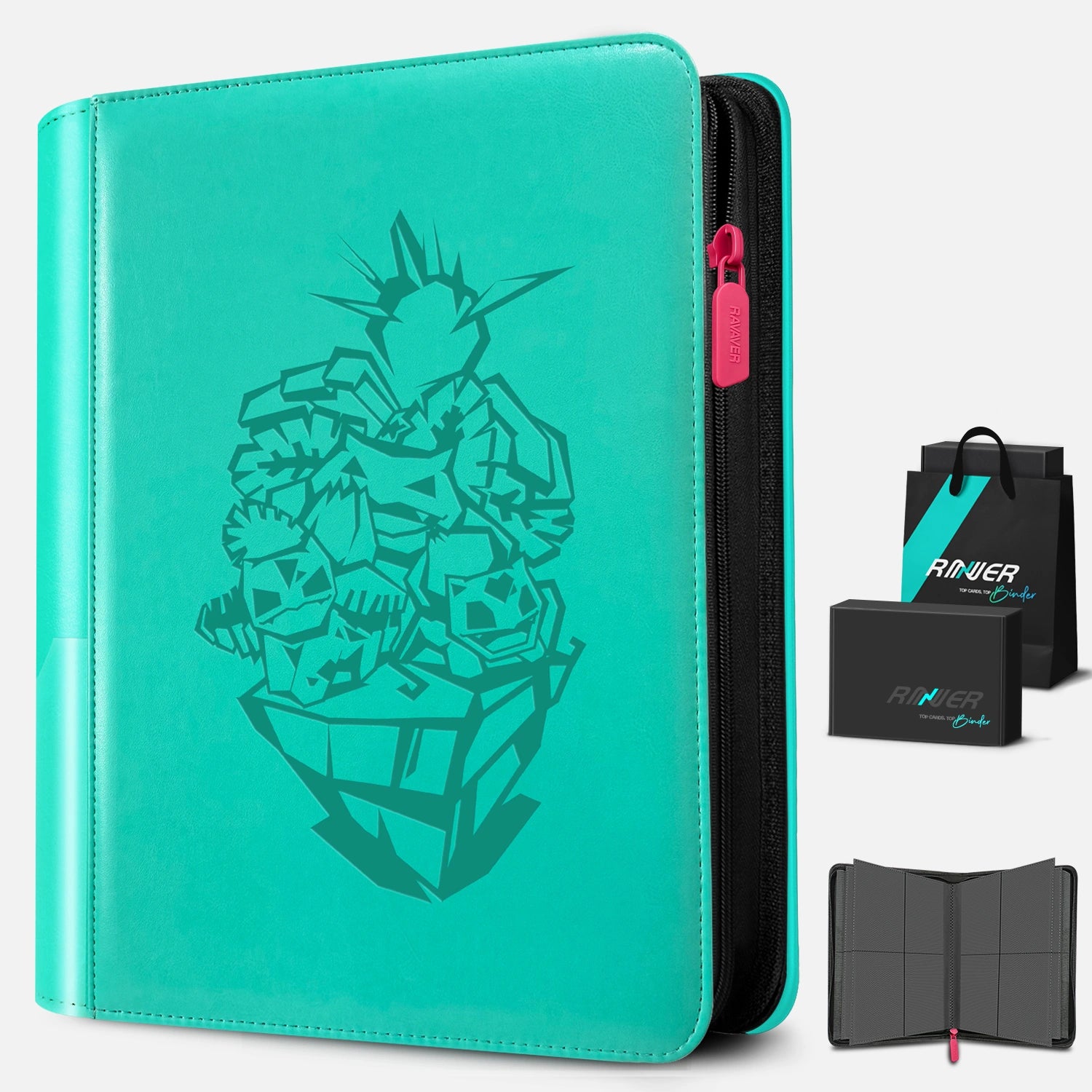 Angled view of a green 4-pocket Pokemon card binder with embossed Venusaur and a premium black gift box