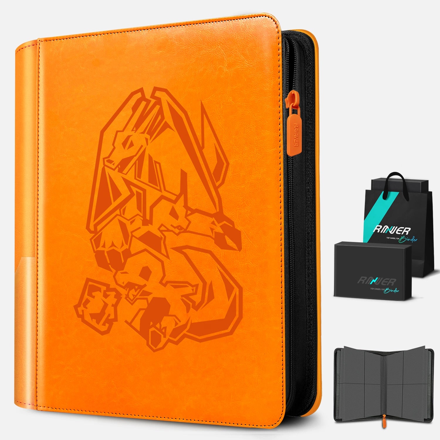 Angled view of an orange 4-pocket Pokemon card binder with embossed Charizard and a premium black gift box