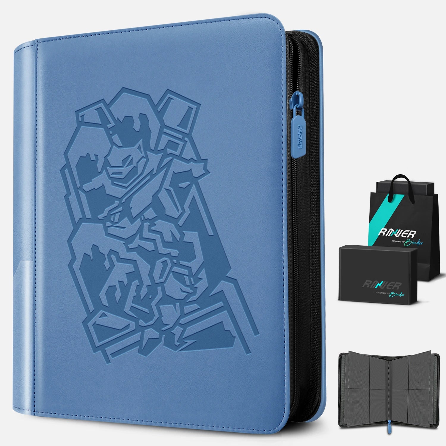 Angled view of a blue 4-pocket Pokemon card binder with embossed Blastoise and a premium black gift box