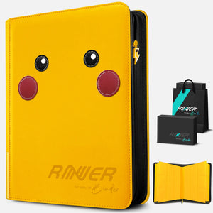 Yellow Pikachu Face card binder with a lightning-bolt zipper pull, black gift box, gift bag, and interior preview