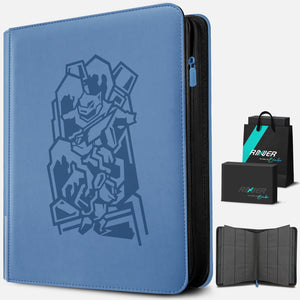 Angled view of a blue Pokemon card binder with embossed Blastoise and a premium black gift box