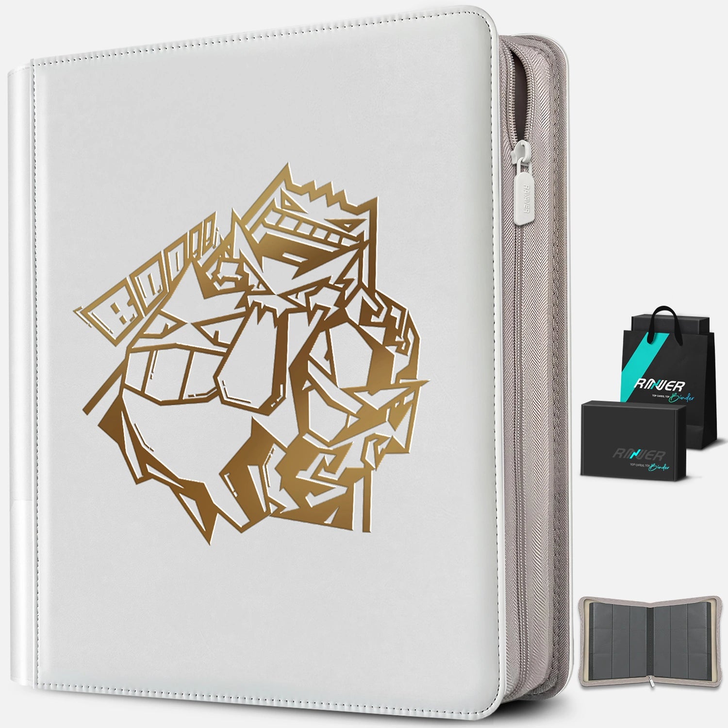 Angled view of a white Pokemon toploader binder with gold foil Gengar and a premium black gift box