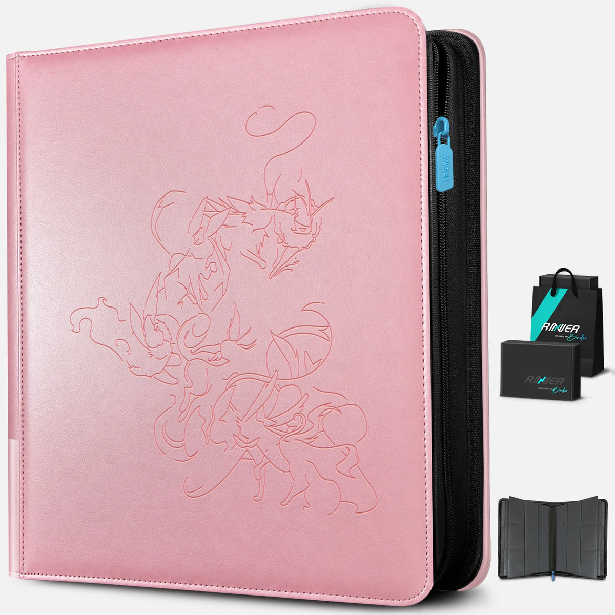 Angled view of a pink Eevee Family toploader binder with a black gift box, gift bag, and interior preview