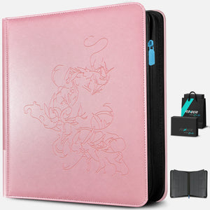 Angled view of a pink Eevee Family toploader binder with a black gift box, gift bag, and interior preview