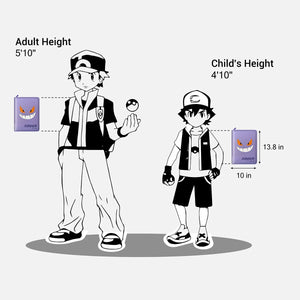 Size chart showing purple Gengar face Pokemon card binder dimensions of 13.8 by 10 inches