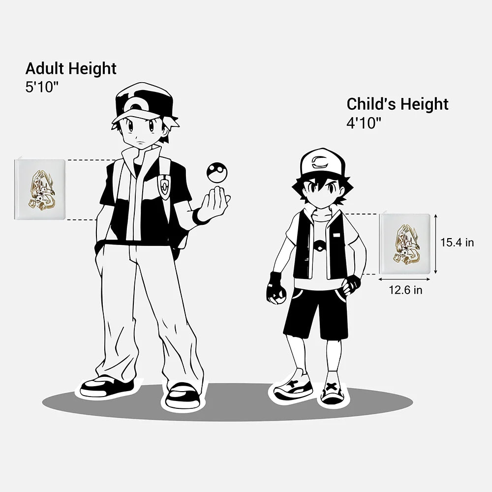Size chart showing white Pokemon toploader binder measuring 15.4 by 12.6 inches against trainer figures