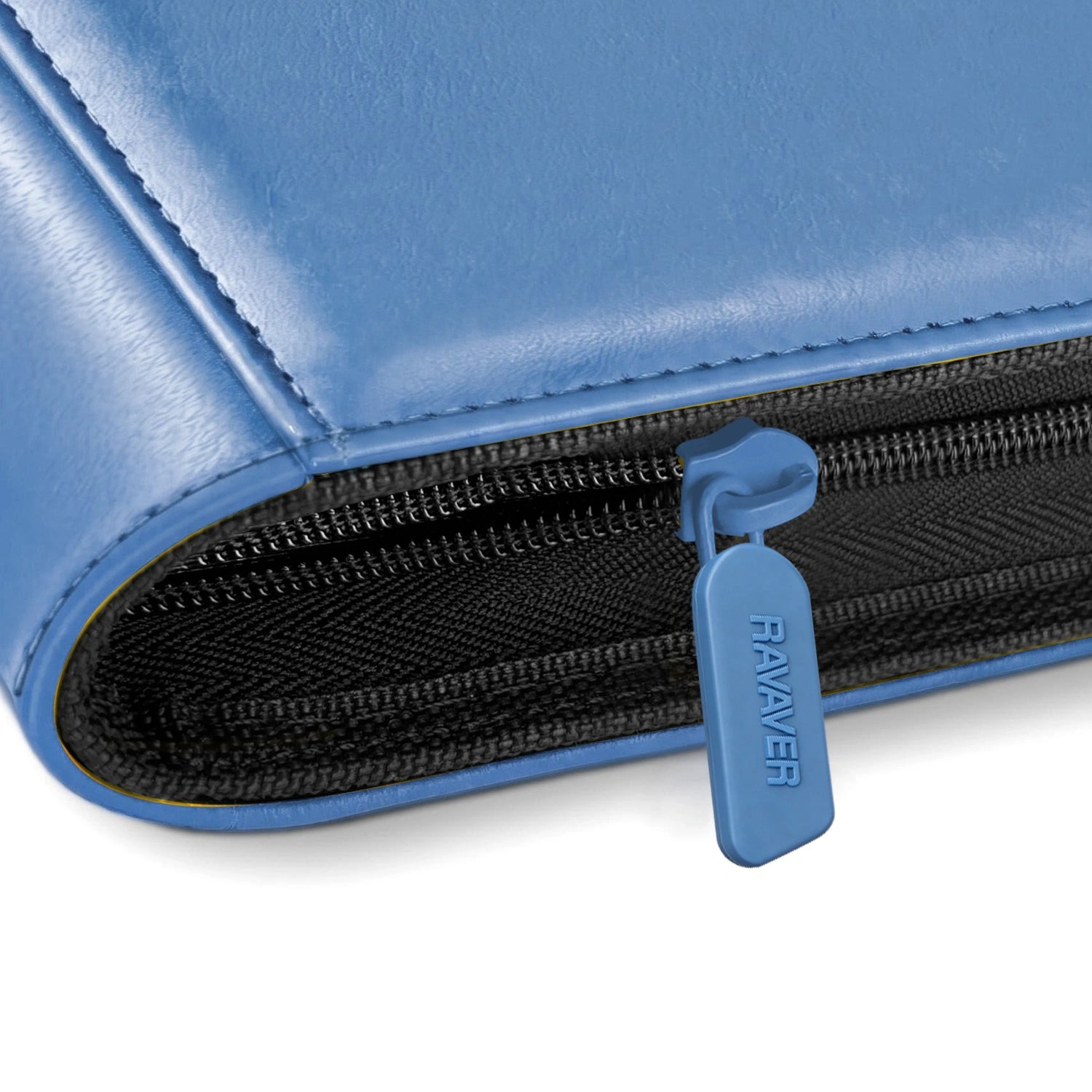 Close-up of the zipper pull and leather edge stitching on a blue Blastoise Pokemon card binder