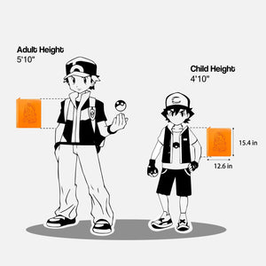 Size chart showing orange Charizard Pokemon toploader binder dimensions of 15.4 by 12.6 inches against trainer figures