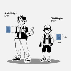 Size chart showing blue 4-pocket Pokemon card binder dimensions of 9.6 by 7.5 inches against trainer figures