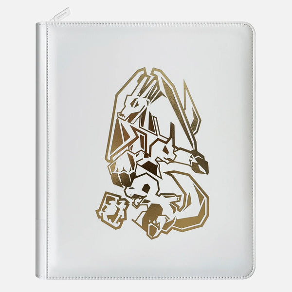 White leather Pokemon toploader binder with gold foil Charizard design and zippered closure