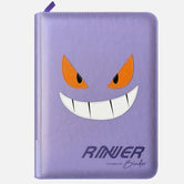 Purple leather Pokemon card binder with stitched Gengar face featuring orange eyes and white grin