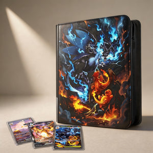 Custom Pokemon toploader binder with blue and orange Charizard fire design holding holographic TCG cards